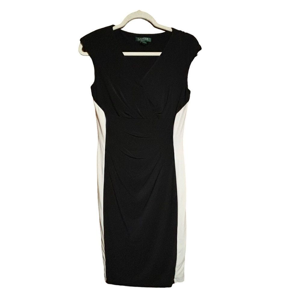 Lauren Ralph Lauren Dress 6 Black White Colorblock Ruched Cocktail Sheath